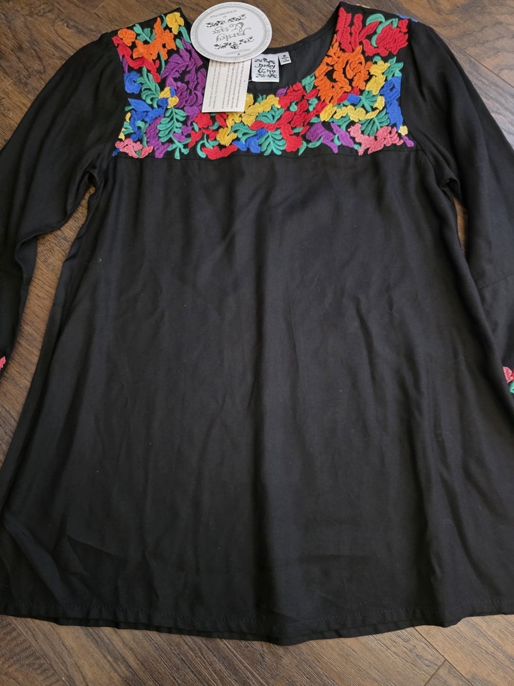 Parsley & Sage Black Tunic with Bright Multicolor Floral Embroidery